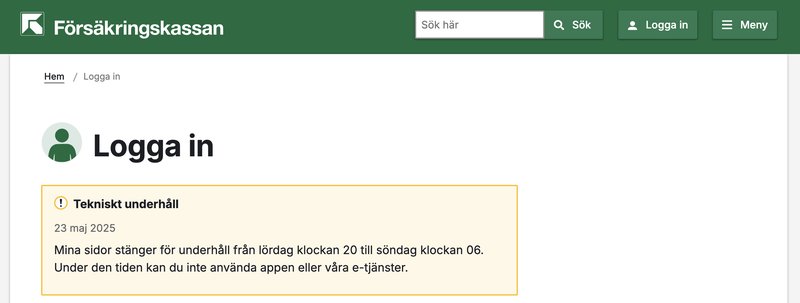 Mellan lördag kväll och söndag morgon kommer du inte kunna nyttja Försäkringskassans e-tjänst. Foto: Skärmavbild Försäkringskassan
